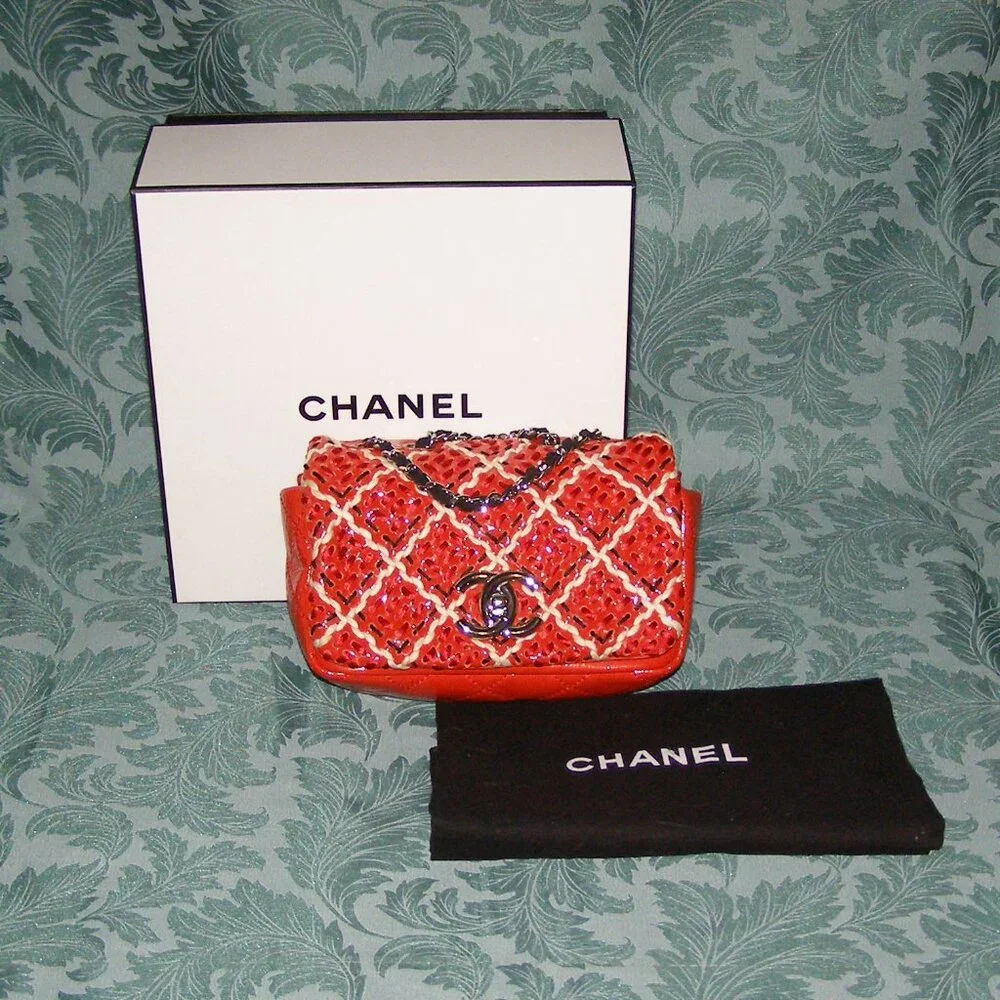 RARE Chanel Red Mini Patent Leather Woven Stitch Tweed Flap Bag
